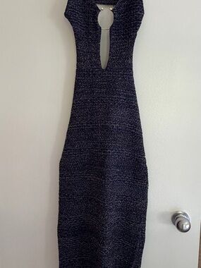 Zara Navy One-Shoulder Knit Midi Dress with Keyhole Detail